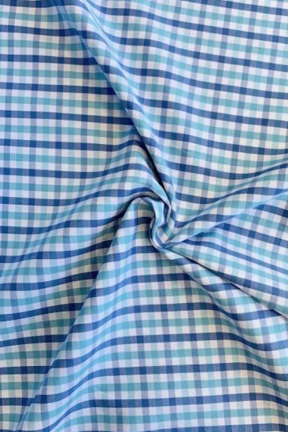 Blousestof - Ruitje - Aqua/White/Deep Blue