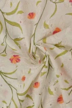 Broderie Katoen Print - Fuchsia/Orange Flowers on White
