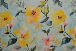 Broderie Katoen Print - Pink/Yellow Summerflowers on Soft Blue