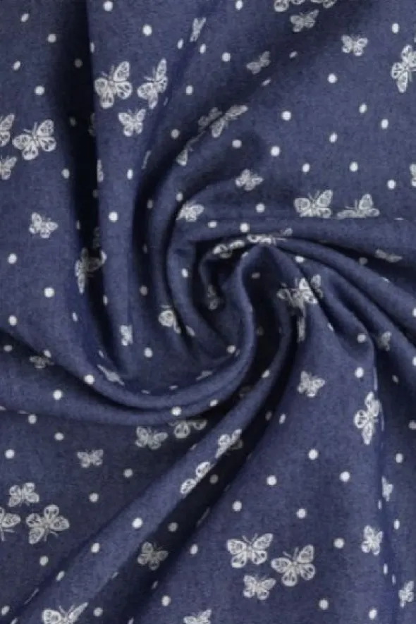 Chambray - White Butterflies and Dots on Dark Blue