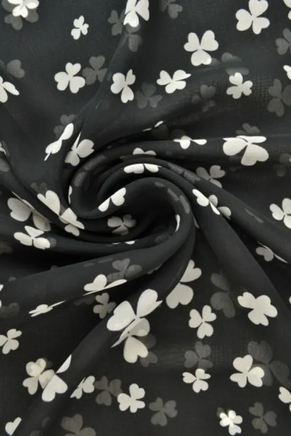 Chiffon - White Clovers on Black