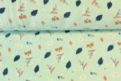 Fleece Print - Blue Autumn Leaves on Mint