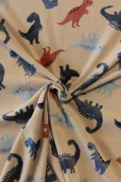 Fleece Print - Blue/Rusty Dinosaur on Light Taupe