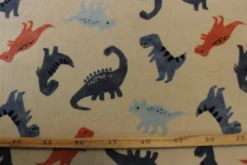 Fleece Print - Blue/Rusty Dinosaur on Light Taupe