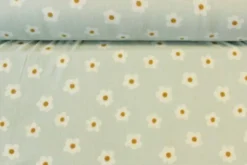 Fleece Print - White/Ocher Flowers on Soft Mint