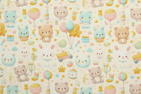 Katoen - Blue/Pink/Yellow Baby Animal Party and Balloons on White