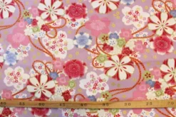 Katoen Canvas - Colorfull Flowers with Gold on Lilac