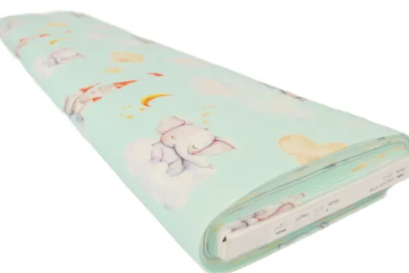 Katoen - Dreamy elephant and Castles on Soft Blue/green