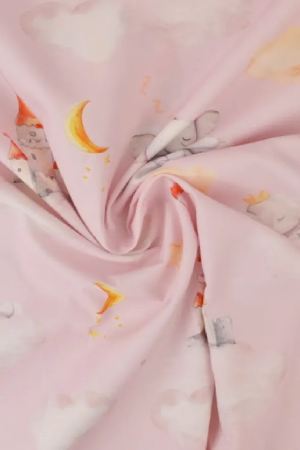 Katoen - Dreamy elephant and Castles on Pink