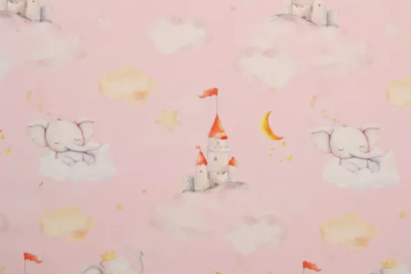 Katoen - Dreamy elephant and Castles on Pink