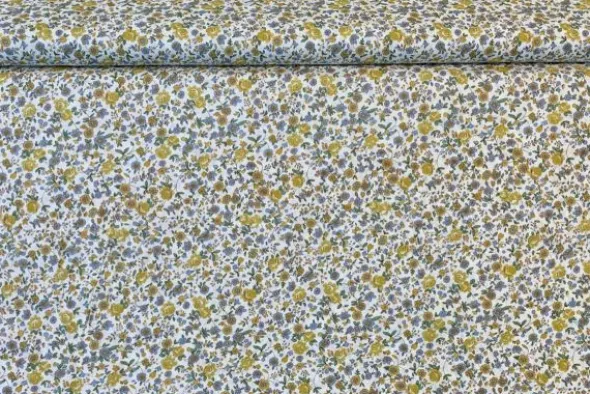 Katoen - Golden and Tiny Blue Flowers on White
