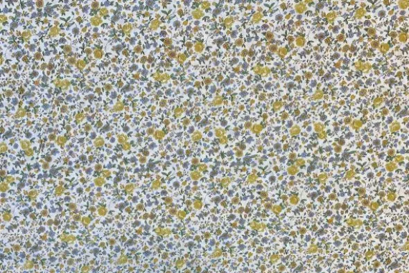 Katoen - Golden and Tiny Blue Flowers on White