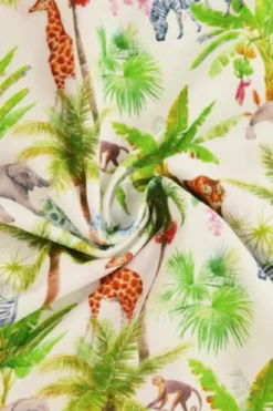 Katoen - Wild Animals and Palm Trees on White