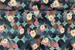 Lycra - Beige Flowers on Dark blue/ Aqua Tiles