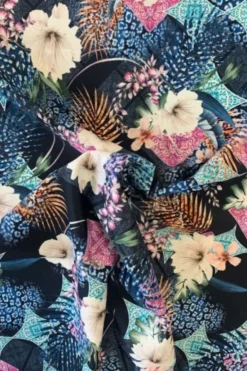 Lycra - Beige Flowers on Dark blue/ Aqua Tiles