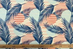 Lycra - Blue Palmleaves and Coral Circles on Creme