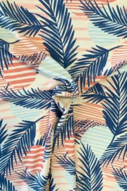 Lycra - Blue Palmleaves and Coral Circles on Creme