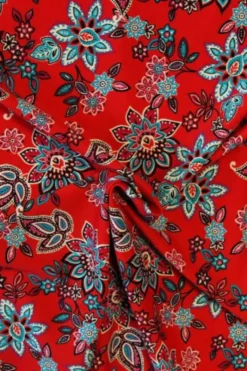 Lycra - Blue/Pink Paisley Flowers in Red
