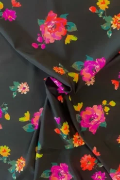 Lycra - Neon Pink and Orange Flowers on Black