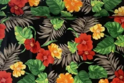 Lycra - Taupe Tropical Leaves and Red Flowers on Black