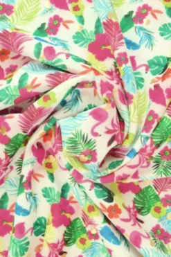Lycra - Teeny Tiny Pink Flamingos and Plants on White