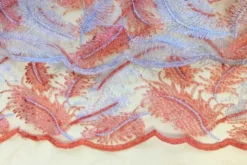 Mesh - Embroidery Feathers - Coral/White
