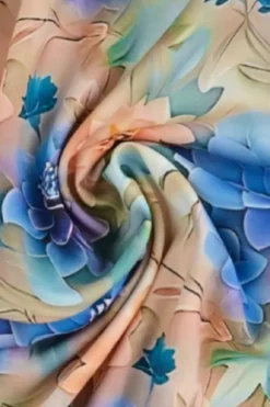 Viscose - Blue/Salmon Waterlillies on Soft Taupe