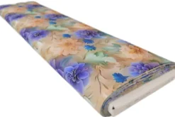 Viscose - Blue/Salmon Waterlillies on Soft Taupe