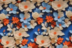 Viscose - Blue/White Flowers and Orange Leaves on Dark Blue