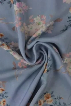 Viscose - Caramel/Pink Flowers on Dusty Blue