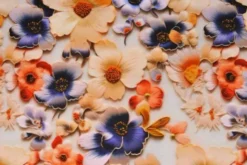 Viscose - Digital Blue/Beige Paint Brush Flowers on Grey