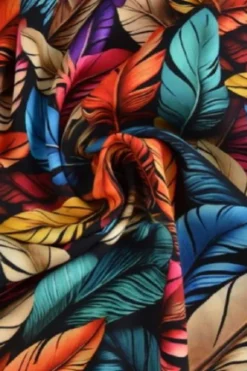 Viscose - Digital Multicolor Feathers on Black