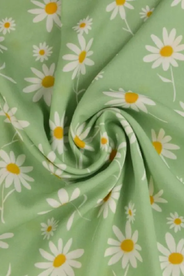 Viscose - Happy White Daisies on Soft Green