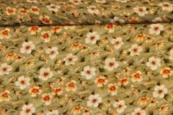 Viscose - Lovely Orange/White Flowers on Vintage Mossgreen